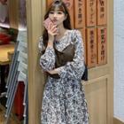 Long-sleeve Flower Print Midi A-line Dress / Faux Leather Cropped Camisole Top