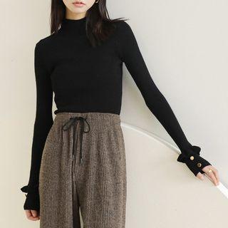 Ruffle-hem Stand-collar Knit Top