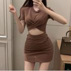 Short-sleeve Twist-front Crop Top / Mini Fitted Skirt