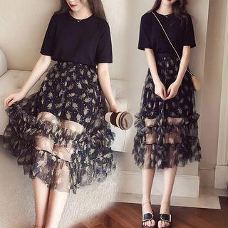 Set: Short-sleeve T-shirt Dress + Floral Print A-line Skirt