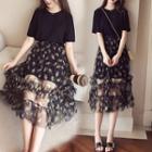 Set: Short-sleeve T-shirt Dress + Floral Print A-line Skirt