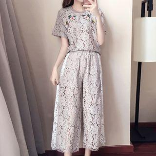 Set: Short-sleeve Lace Top + Cropped Wide-leg Pants