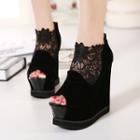 Faux-suede Lace-panel Wedge Sandals