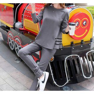 Set: Long-sleeve Contrast-stripe Top + Contrast-stripe Pants