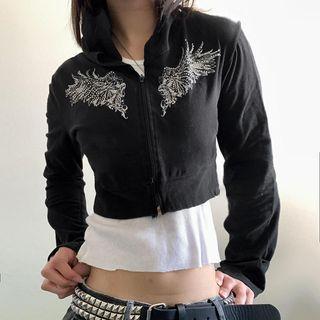 Long Sleeve Wings Print Rhinestone Crop Hooded Jacket