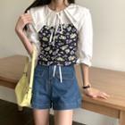 Elbow-sleeve Blouse / Floral Print Camisole Top