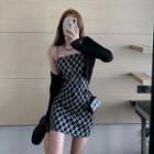 Spaghetti Strap Lettering Mini Sheath Dress / Cardigan