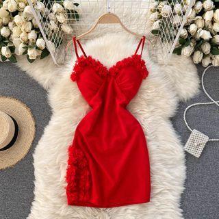 Spaghetti Strap Ruffle Trim Slit Mini Bodycon Dress