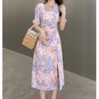 Short-sleeve Floral Chiffon Slit Midi Dress