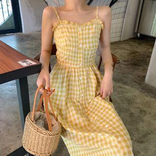 Checked Spaghetti Strap Midi A-line Dress Checked - Yellow - One Size
