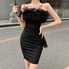 Feather Accent Strapless Sheath Dress