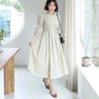 Puff-sleeve Dotted Long Pleated Dress