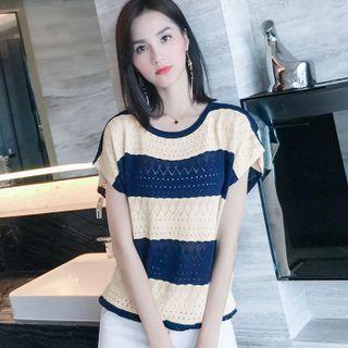 Short-sleeve Striped Pointelle-knit Top Blue - One Size