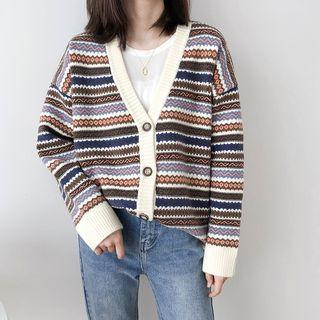 Ethnic Pattern Knit Cardigan Brown - One Size