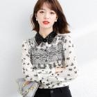 Lace Collar Butterfly Print Shirt
