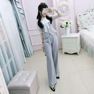 Set: Elbow-sleeve Plaid Panel Blouse + Wide Leg Pants