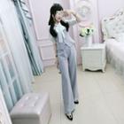 Set: Elbow-sleeve Plaid Panel Blouse + Wide Leg Pants