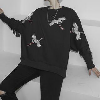 Round-neck Bird Printed Long-sleeve Top Black - One Size