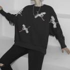 Round-neck Bird Printed Long-sleeve Top Black - One Size