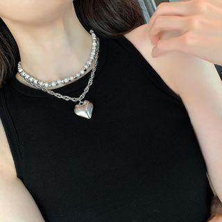 Set Of 2: Necklace White Pearl & Silver - One Size