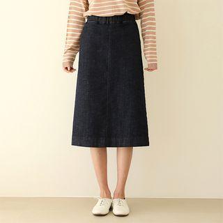 Pocket-side A-line Midi Denim Skirt
