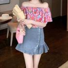 Short-sleeve Cold Shoulder Chiffon Top / Denim Skirt