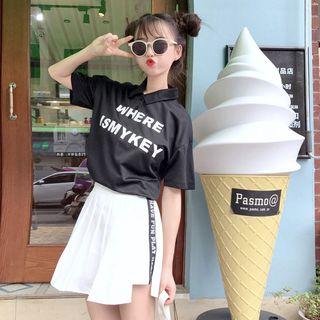 Set: Lettering Short Sleeve Polo Shirt + Pleated Skirt