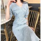 V-neck 3/4-sleeve Sheath Midi Dress
