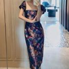 Short-sleeve Square-neck Floral Print Midi Sheath Dress