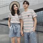 Couple Matching Dog Embroidered Striped Short-sleeve T-shirt