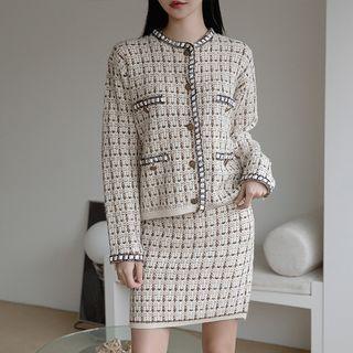 Set: Crochet-trim Cardigan + H-line Miniskirt Beige - One Size