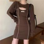 Set: Spaghetti-strap Mini A-line Dress + Long-sleeve Shrug