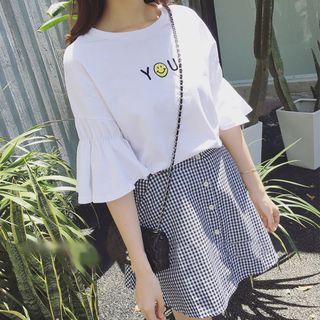 Set: Smiley Face Embroidered Elbow Sleeve T-shirt + Plaid Skirt