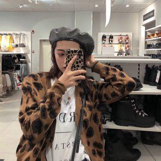 Leopard Print Buttoned V-neck Cardigan Leopard - One Size