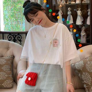 Short-sleeve Pig Print Mesh T-shirt