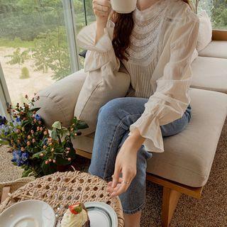 Lace-trim Pintuck-front Blouse Cream Ivory - One Size