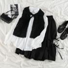 Plain Puff-sleeve Blouse / Velvet Vest / Midi Skirt