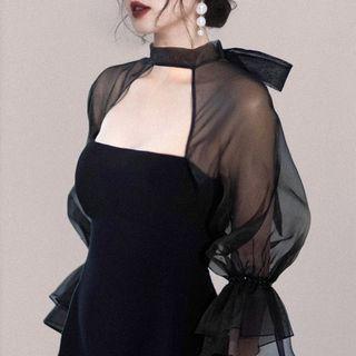 3/4-sleeve Mesh Mock-neck Mini A-line Dress