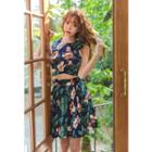 Set: Sleeveless Floral Print Cropped Top + A-line Skirt