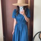 Set: Puff-sleeve Denim Top + Midi A-line Skirt