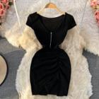 V-neck Zip Short-sleeve Dress Black - One Size