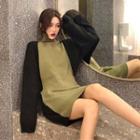 Long-sleeve Turtleneck Mini Knit Dress Black & Green - One Size