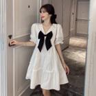 Puff-sleeve V-neck Bow-accent Loose-fit Dress