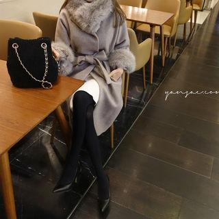Open-front Faux-fur Wool Blend Coat With Sash Beige - One Size