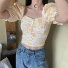 Puff-sleeve Square Neck Floral Embroidered Cropped Top