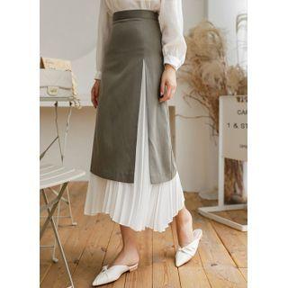 Deep-slit Pleated-layered Long Skirt