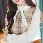 Frilled Tie-neck Plaid-panel Blouse