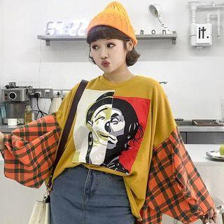 Plaid Panel Printed Oversized Sweatshirt