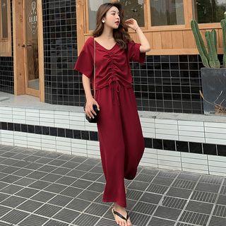 Set: Drawstring Short-sleeve Blouse + Cropped Wide-leg Pants