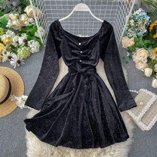 Long-sleeve Velvet Sashed Mini A-line Dress